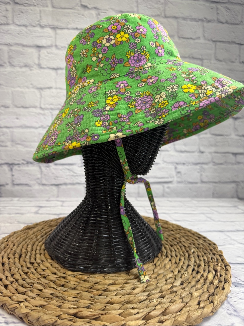 Women’s Green Floral Sun Bucket Hat with Chin Tie